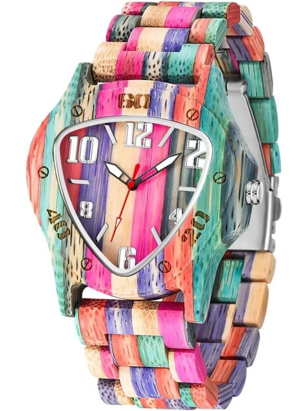Men's Multi Color Analog Quartz Handmade Colorful Bamboo Triangle Wooden Watch
